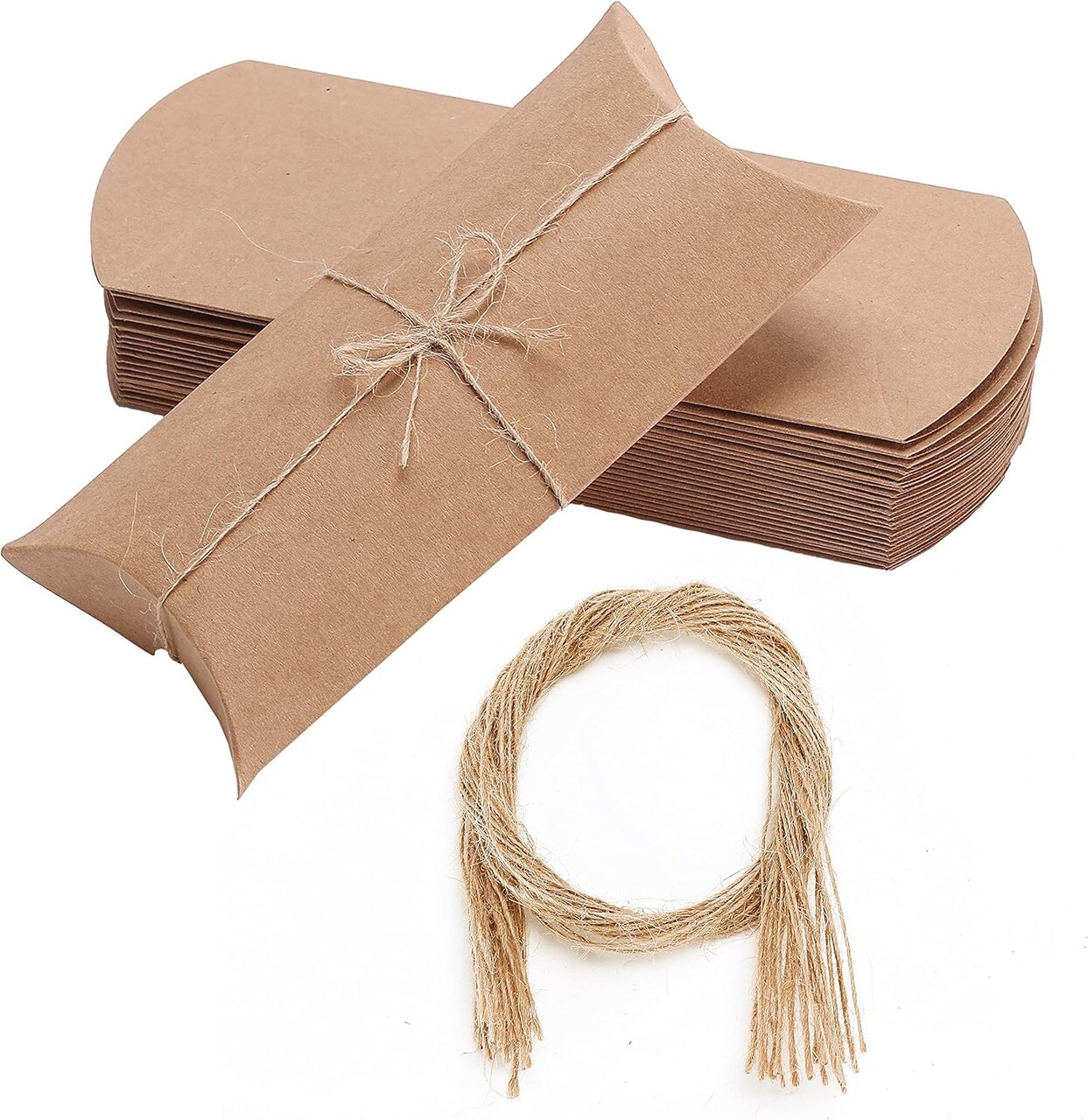 Kraft Pillow Boxes with Jute Twine – 6.3" x 3.4" x 1.3", 25-Pack, Eco-Friendly Kraft Gift Boxes for Party Favors, Jewelry, Candy, and Crafts (brown)